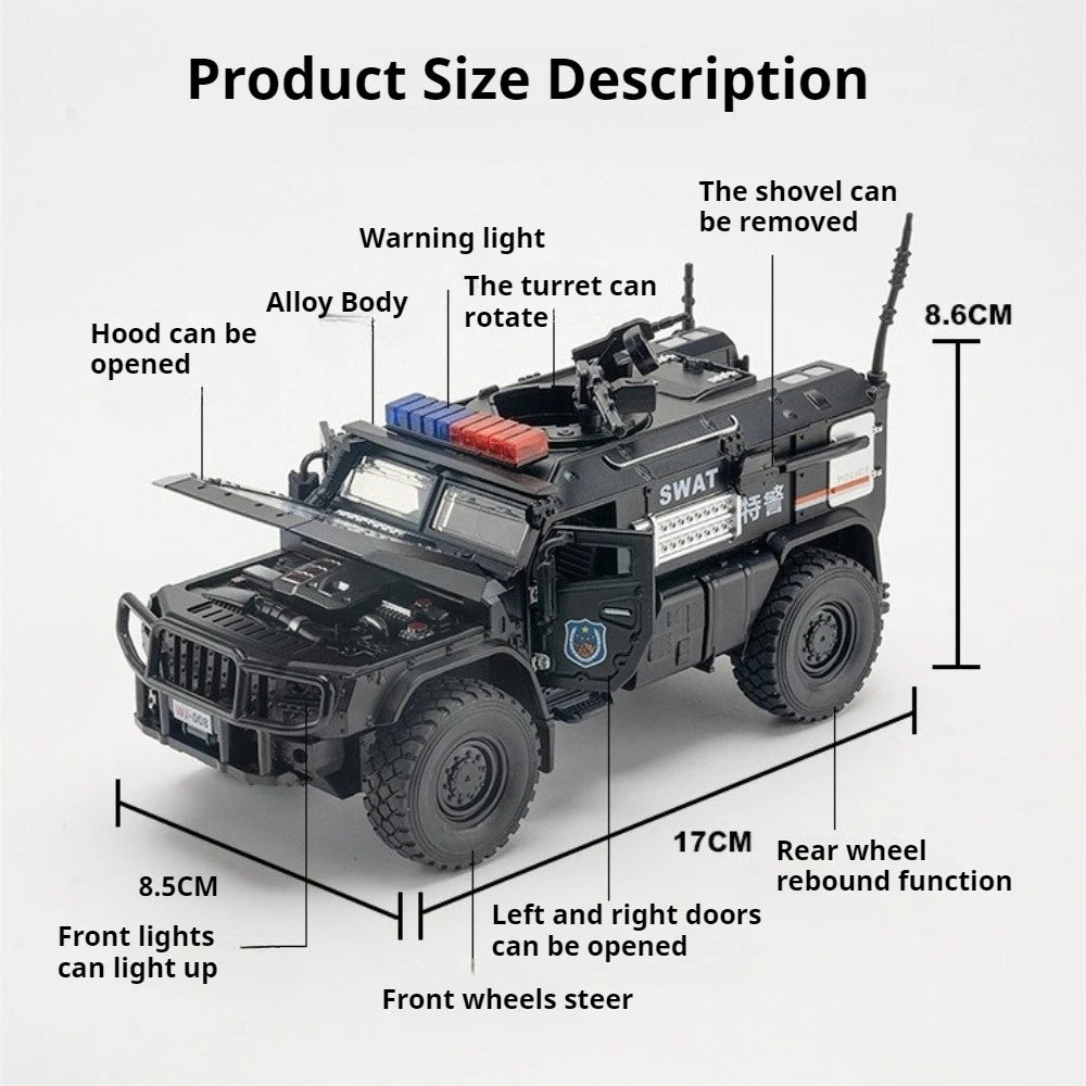 1:32 Alloy Sabertooth Armored Model Toys Diecast Metal Car Pull Back Police Car with Light Music Vehicle for Toddler Kids Gifts