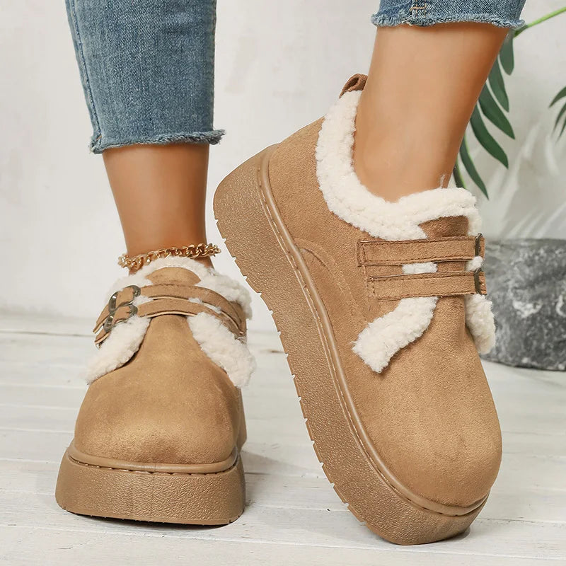 Thick Sole Plush Winter Cotton Shoes Women Fashion Buckle Non Slip Platform Snow Boots Woman Warm Fleece Lining Ankle Boots 42