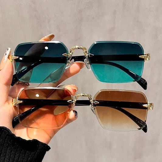 2PCS Sunglasses Men Women Fashion Rimless Sun Glasses Shades Cutting Lens Ladies Frameless Eyeglasses