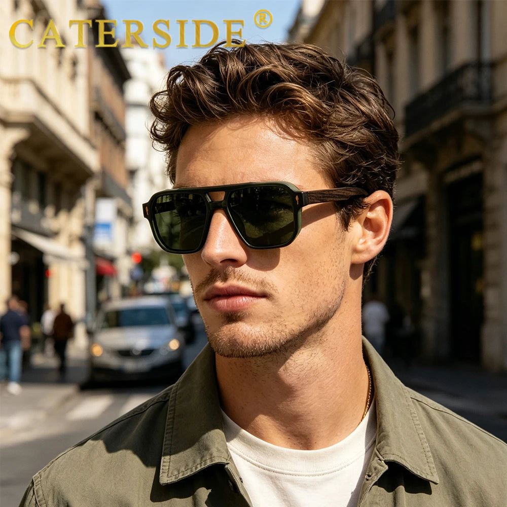 CATERSIDE Men's Polarized Pilot Sunglasses UV400 Premium Tr Frame & Wood Temple Retro Square Sun Glasses for Driving Fishing