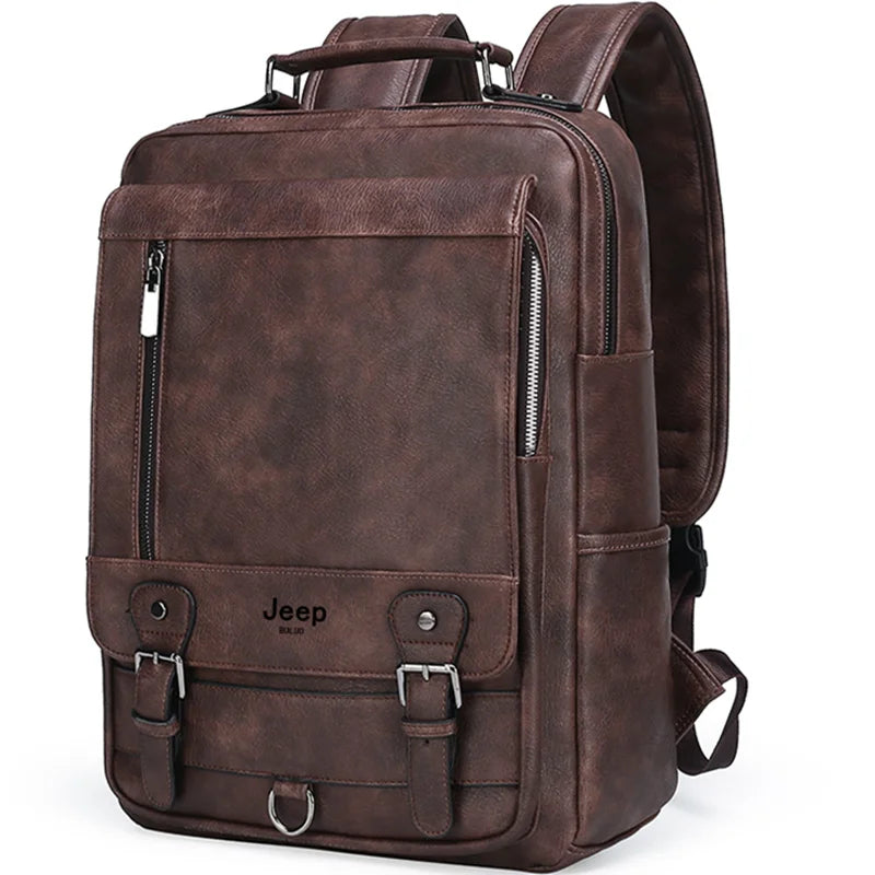 JEEP BULUO Leather Men Backpack Business 15.6" PC Bag Large Capacity Travel Bag