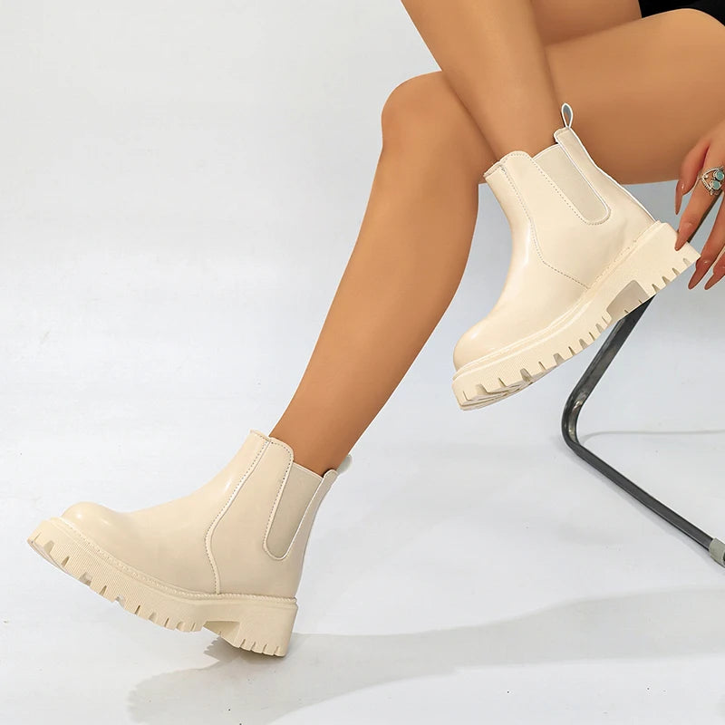 Pu Leather Platform Chelsea Boots Women Fashion Plus Size 42 Slip On Ankle Boots Woman Non Slip Thick Sole Short Booties Mujer