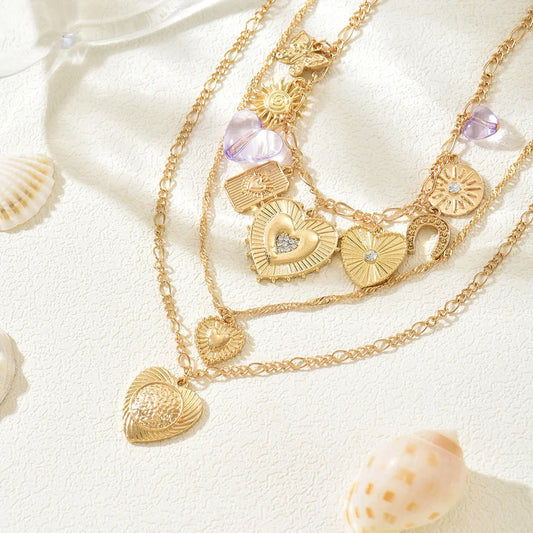Vintage Heart Sun Layered Necklace Set of 3 Dainty Chains Boho Retro Gold Tone Pendant Stackable Jewelry Gift for Women