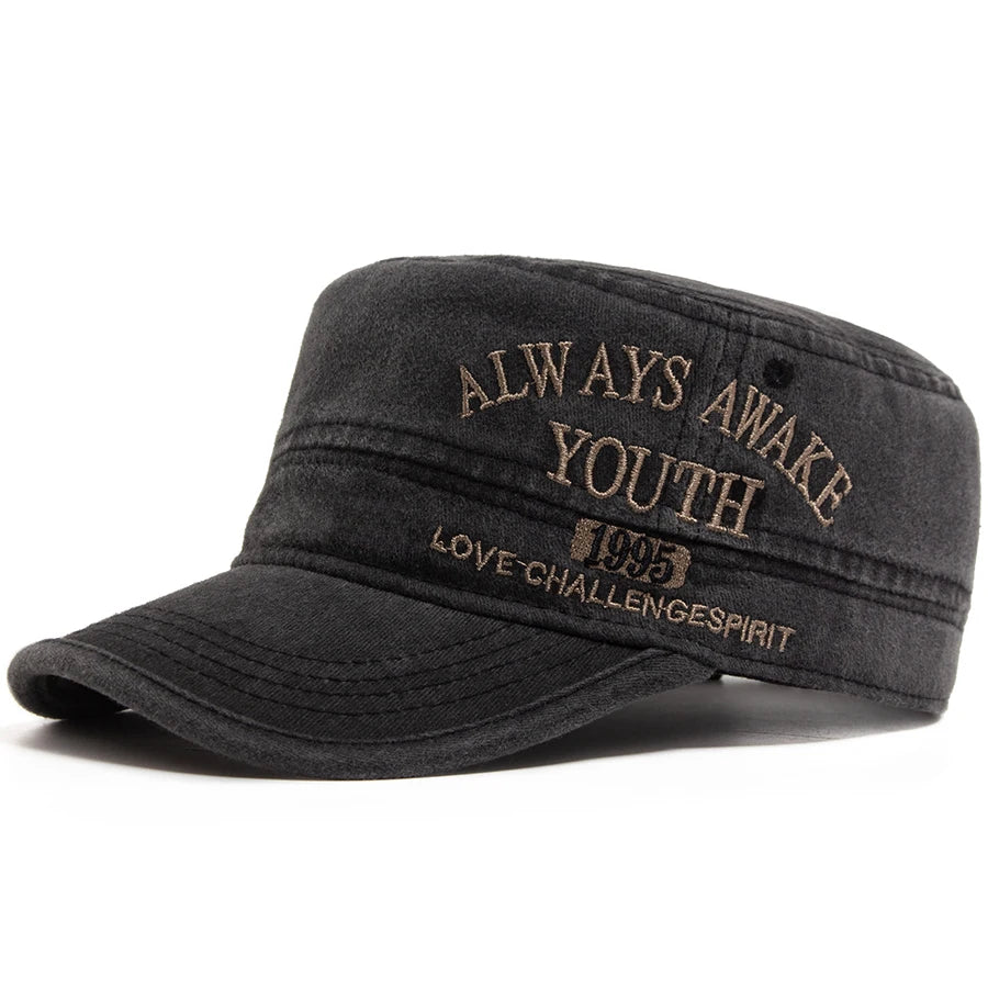 Vintage Flat Hat Men Letter Embroidery Visor Military Cap Outdoor Summer Retro Army Trucker Hats Women Baseball Caps Adjustable