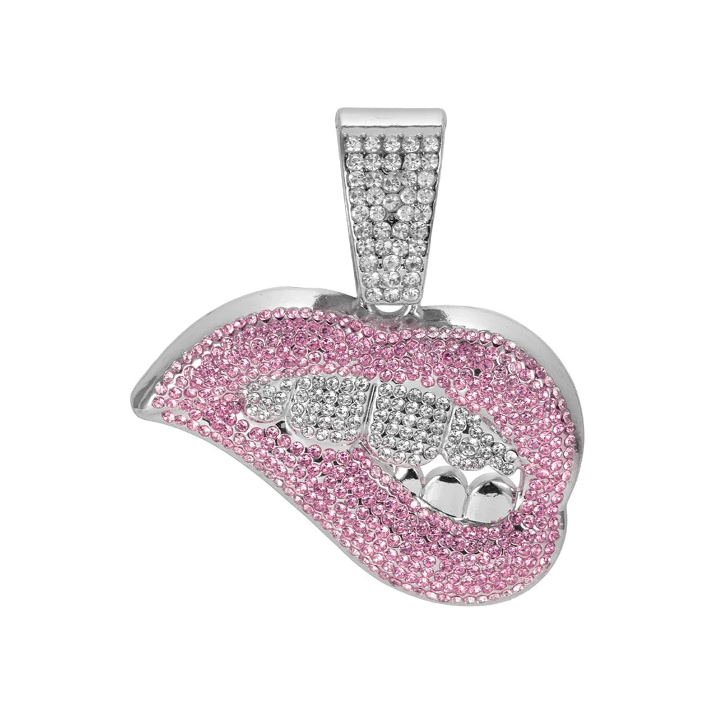New Men Women Hip Hop Bite Lip Shape Pendant Necklace with 13mm Crystal Cuban Chain Iced Out Bling HipHop Necklace Charm Jewelry