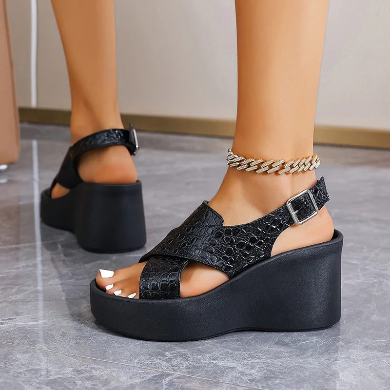 Gold Snake Pattern Wedge Heeled Sandals Women 2026 Summer Chunky Platform Sandles Woman Thick Bottom Back Strap Rome Sandalias
