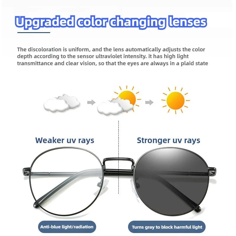 Photochromic Glasses Women's Men's Outdoor Color-changing Glasses Metal Oval Frame with Replaceable Lens Glasses Student Glasses