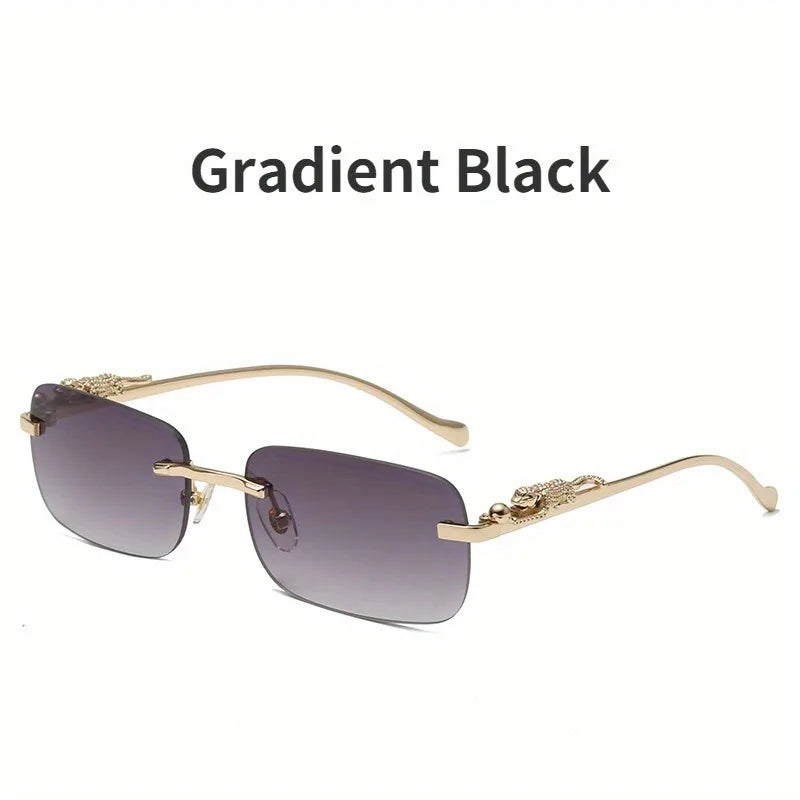 Frameless Rectangular Fashion Glasses for Men and Women Luxurious Design with Gold Metal Border Leopard Head Buckle