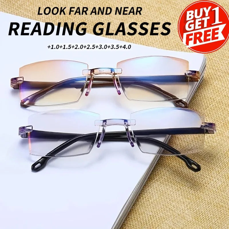 2-piece Frameless Bifocal Reading Glasses, PC Lens and Frame, Bifocal+1.0 To+4.0- Stylish and Comfortable, Rectangular