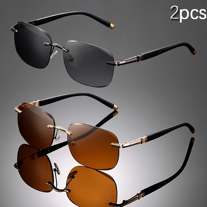 2PCS High Quality Rimless Diamond Cut Lens UV400 Sunglasses Fashion Square Metal Legs Glasses for Men Women