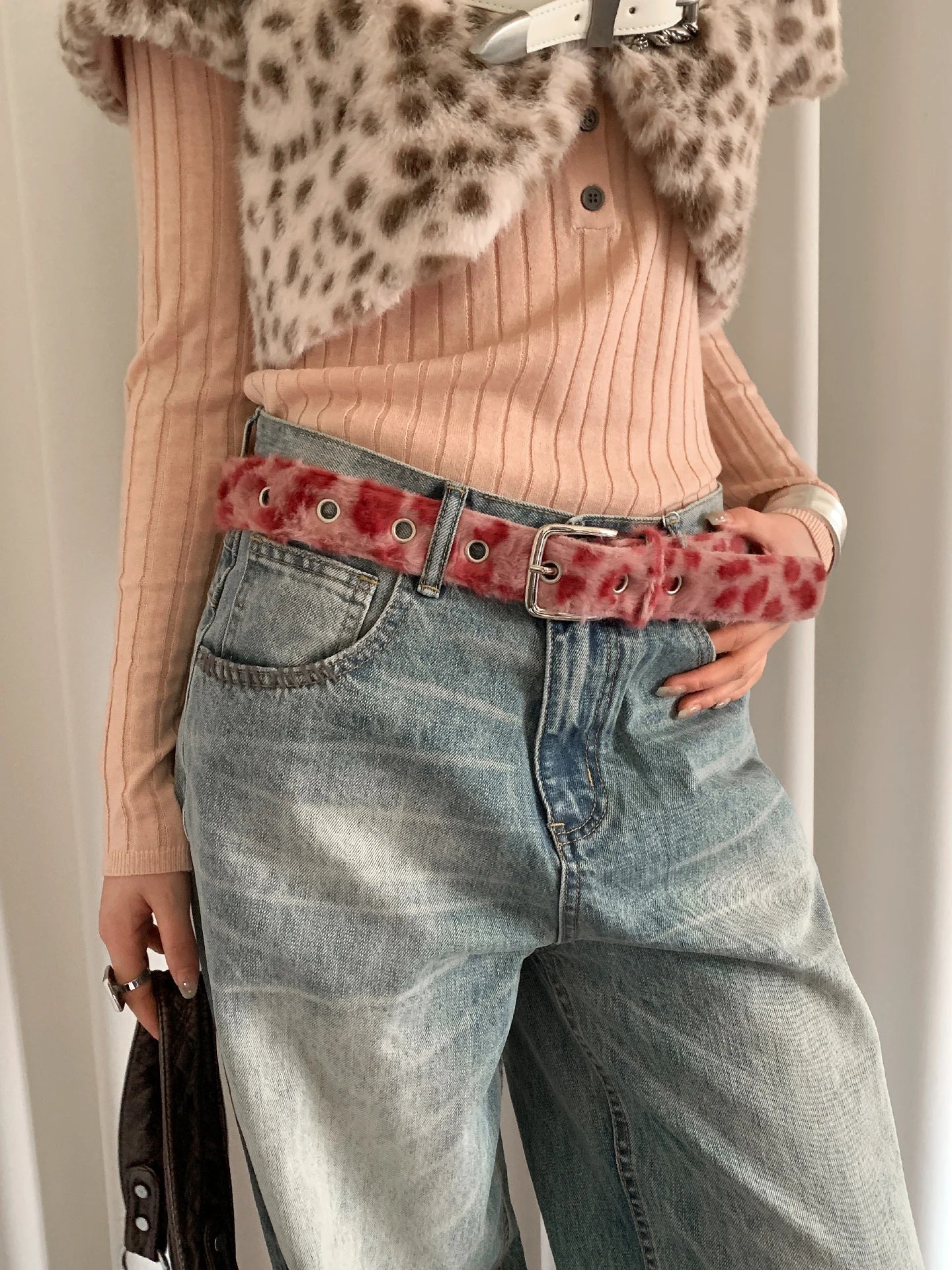 American Sexy Girl Style Pink Leopard Print Belt For Women With Skirt Jeans With Decoration Fluffy Waist Belt
