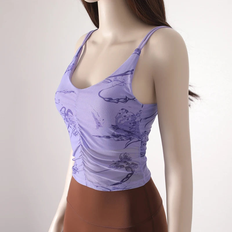Women's Beauty Back Yoga Bra Sling Fixed One-Piece Chest Pad Sports Underwear Printed Pleated Navel Fitness Tops