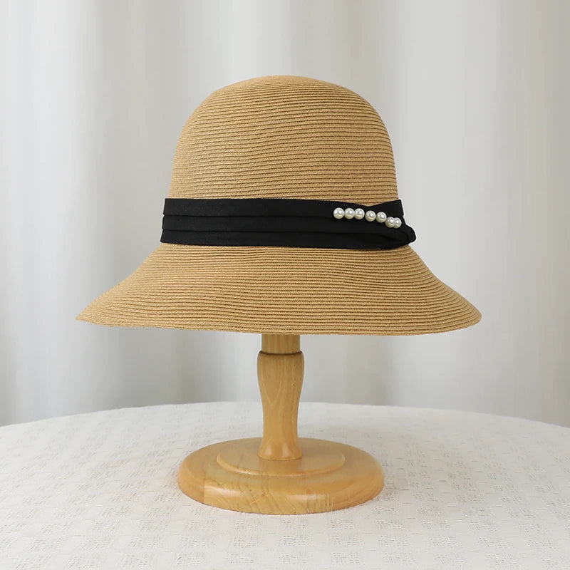6178-New summer women's sun-protective hat - trendy pearl straw hat for beachandvacation-large-brimmed sun hatforoutdooractivies