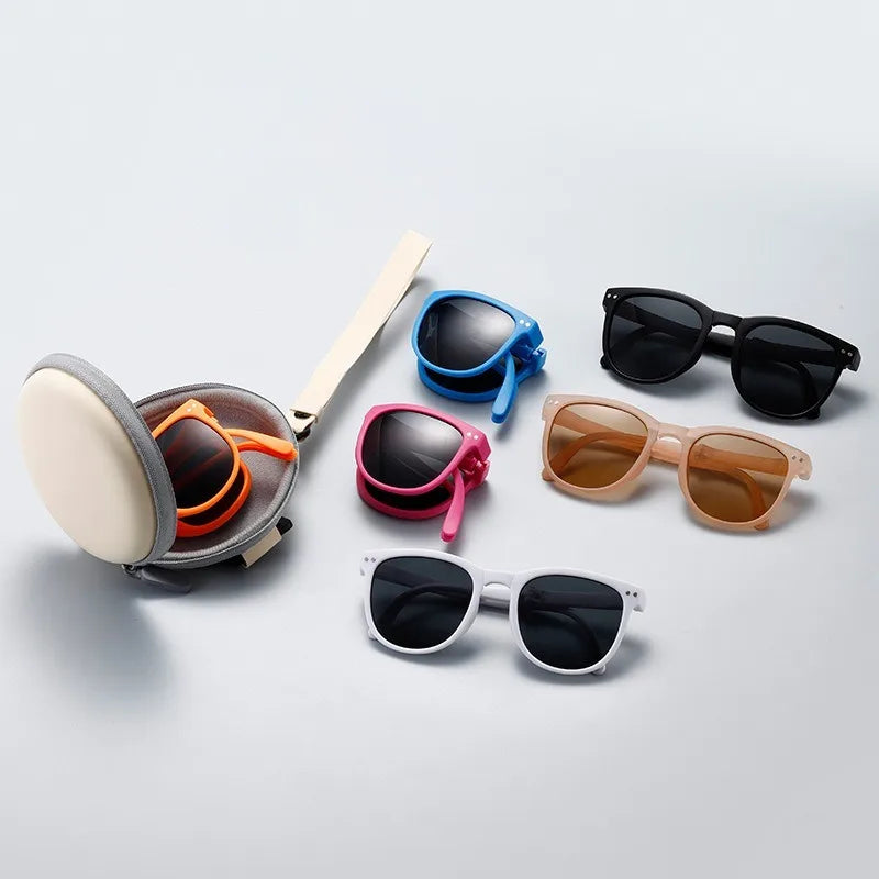 Korean Children Round Foldable Sunglasses  Fashion Sun Glasses Cute Boys Girls Colorful Shades with Case