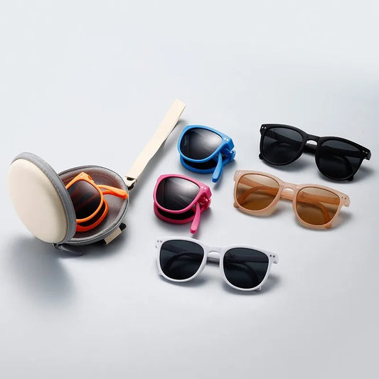 Korean Children Round Foldable Sunglasses  Fashion Sun Glasses Cute Boys Girls Colorful Shades with Case