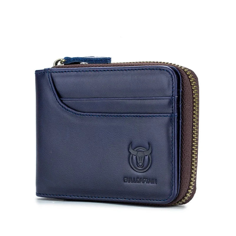 BULLCAPTAIN Men's Genuine Leather Wallet Business Casual Retro RFID Zipper Coin Purse Multi-Card Slot Cash Clip
