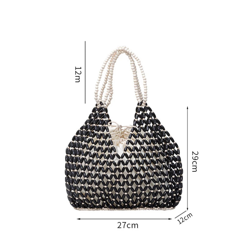 Simple Casual Handwoven Wooden Bead Handheld Women's Shoulder Bags Bucket Bag