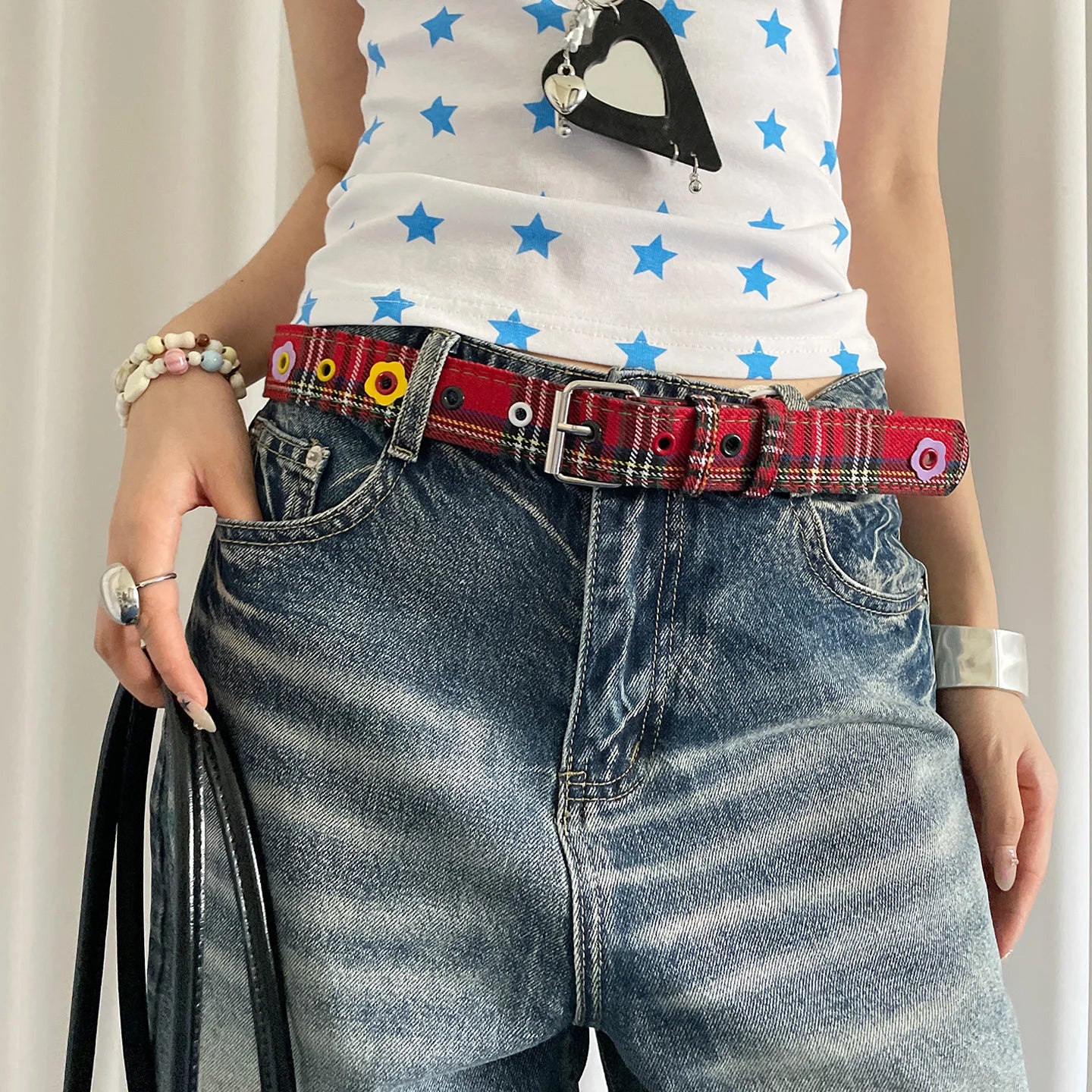 Y2k Dopamine Floral Red Plaid Waist Belt For Women Summer 2025 New Sweet Cool Hot Girl Denim Blue Belt