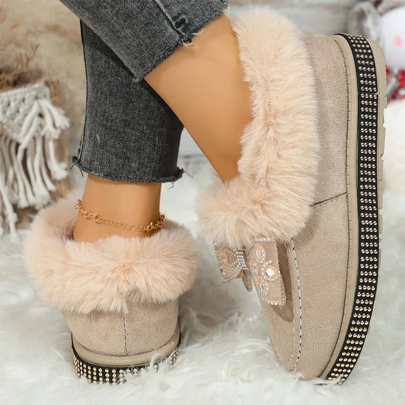 Bowknot Crystal Detor Snow Boot Women Winter Slip On Furry Snow Boots for Woman Round Toe Short Plush Warm Booties Laides