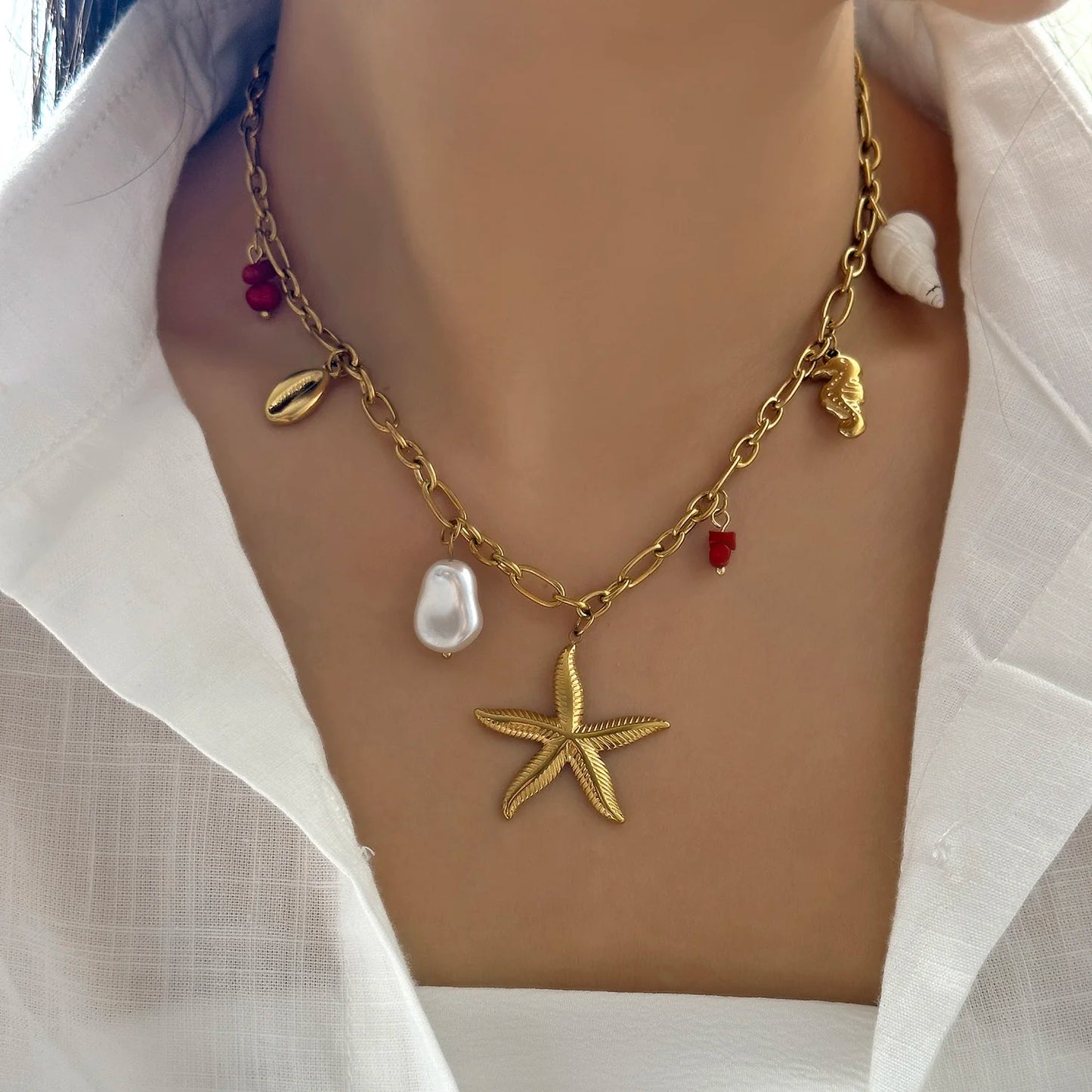 Charming Ceramic Fish Sea Turtle Sun Starfish Pendant Necklace for Women Stainless Steel Gold Color Necklace Beach Party Jewelry