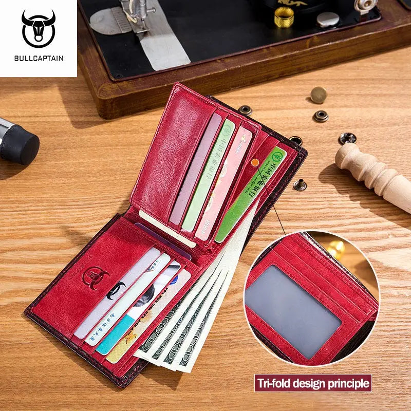 BULLCAPTAIN RFID Blocking Men's Leather Wallet Bifold Slim Wallet Multi-card Card Holder ID Wallet QB 05