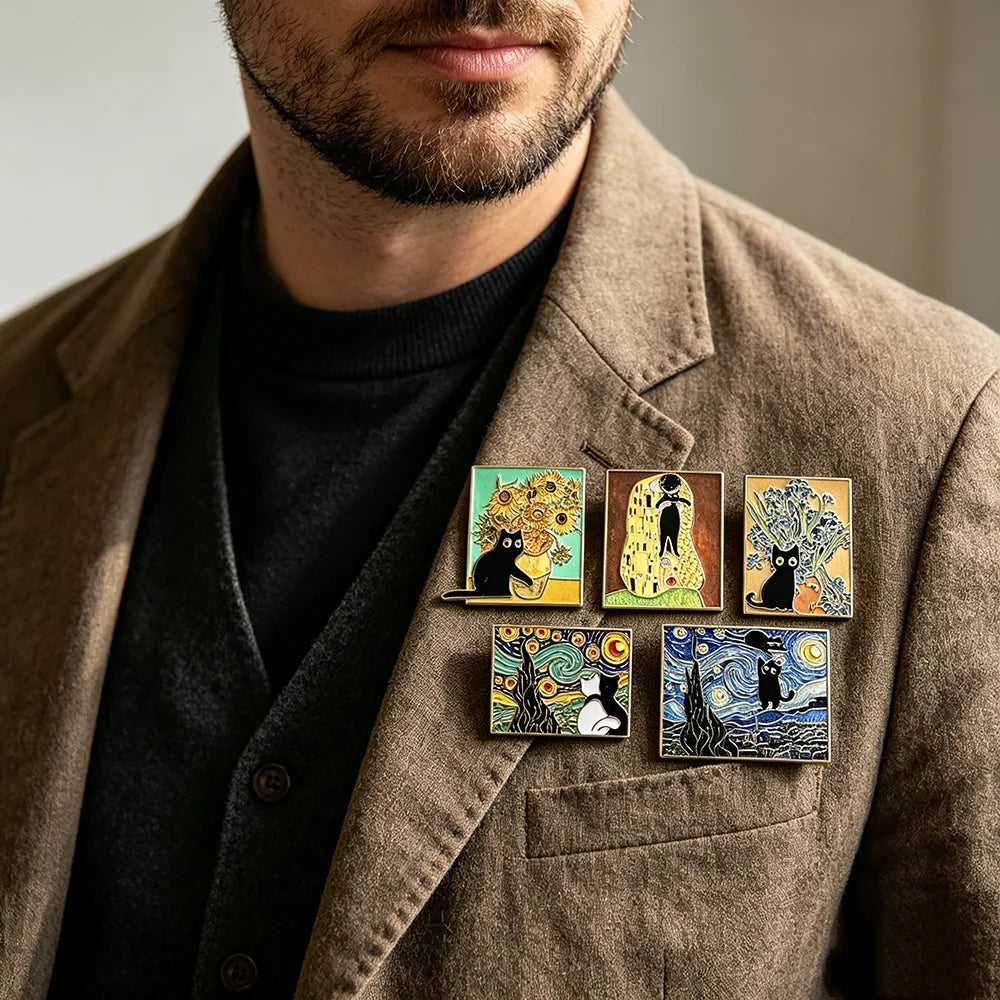 5pcs Famous Painting Black Cat Enamel Pins Set Aesthetic Vintage Sunflower Art Brooches Badge Pins for Backpack fans Collectible