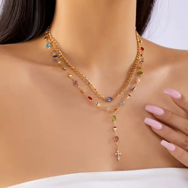 Bohemian Colorful Crystal Long Y-Shaped Necklace for Women Trendy Gold Color Multi-layer Tassel Chain Choker Party Jewelry Gifts