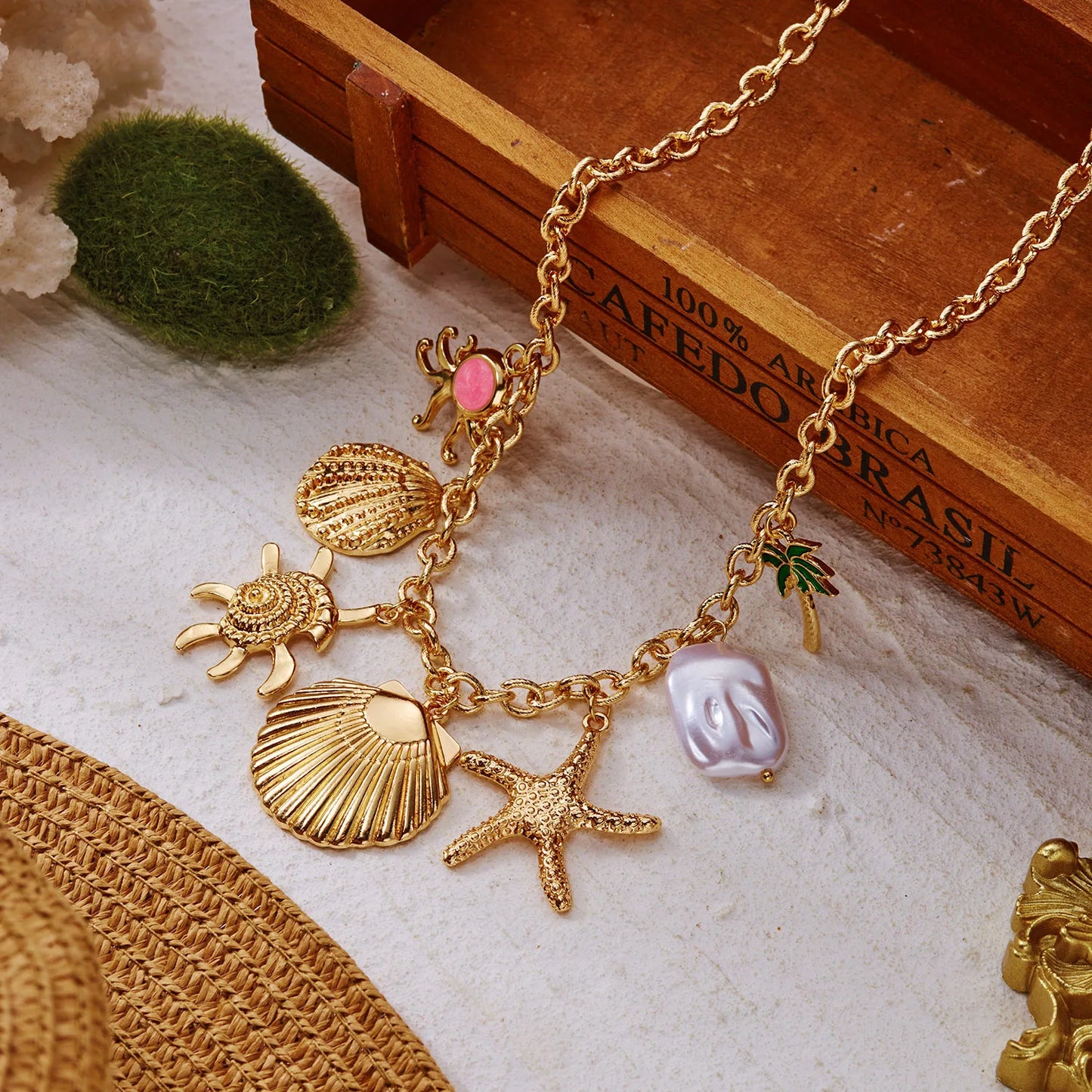 Bohemian Ocean Charm Necklace For Women Gold Tone Shell Starfish Palm Tree Pearl Summer Beach Jewelry