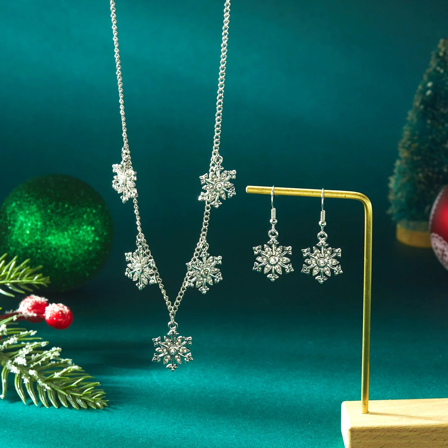 Christmas Colorful Rhinestone Imitation Pearl Snowflake Necklace Earrings Set For Women 2026 Xmas Jewelry Set Holiday Party Gift