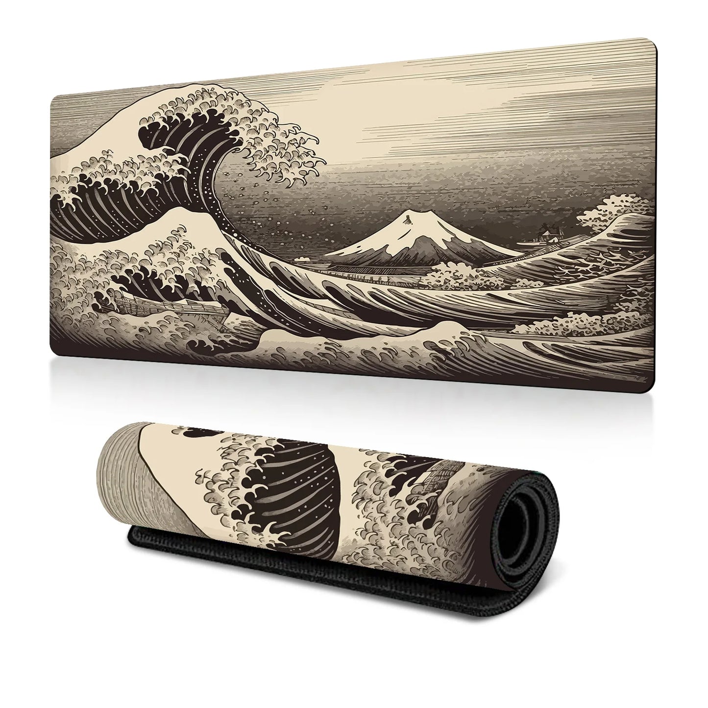 Japanese Sea Wave Large Mouse Pad, Anime Black Gaming, Extended Mat Desk Pad, 3mm Thick Long Non-Slip Rubber Base Mice Pad