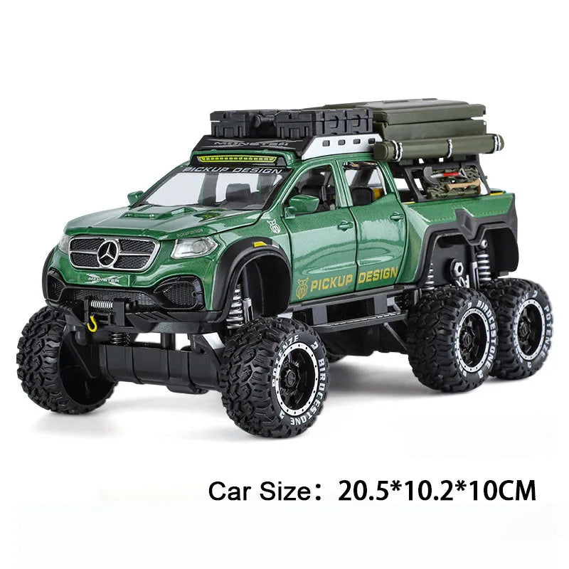 1:28 X-Class 6X6 Alloy Camping Car Model Toys Diecast Pickup Doors Opened with Sound Light Pull Back Vehices Boy's Birthday Gift