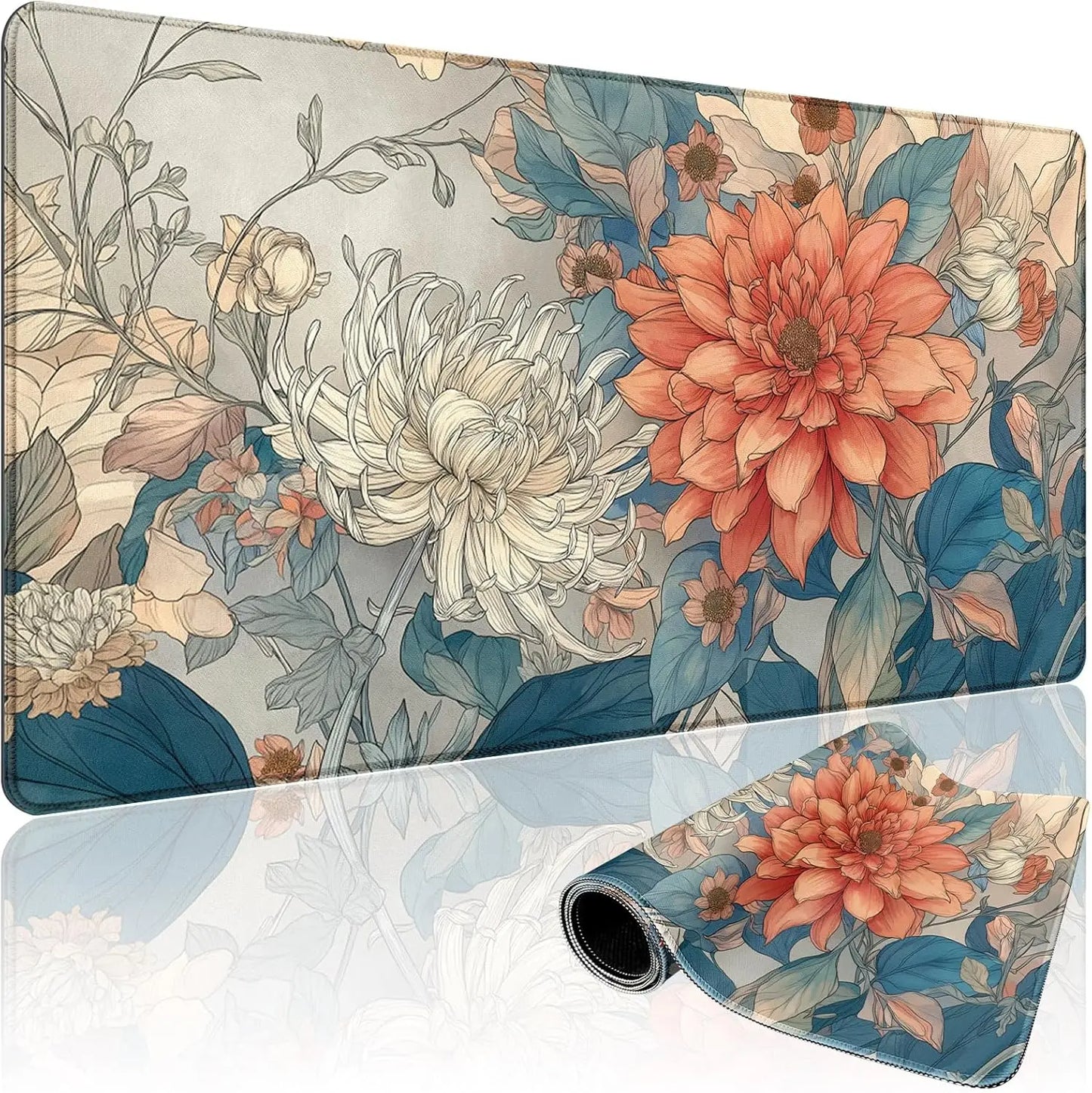 Narcissus Blue Floral Large Gaming Mouse Pad，XXL Desk Mat,Non-Slip Rubber Base Stitched Edges - Waterproo Mousepad for PC/Office