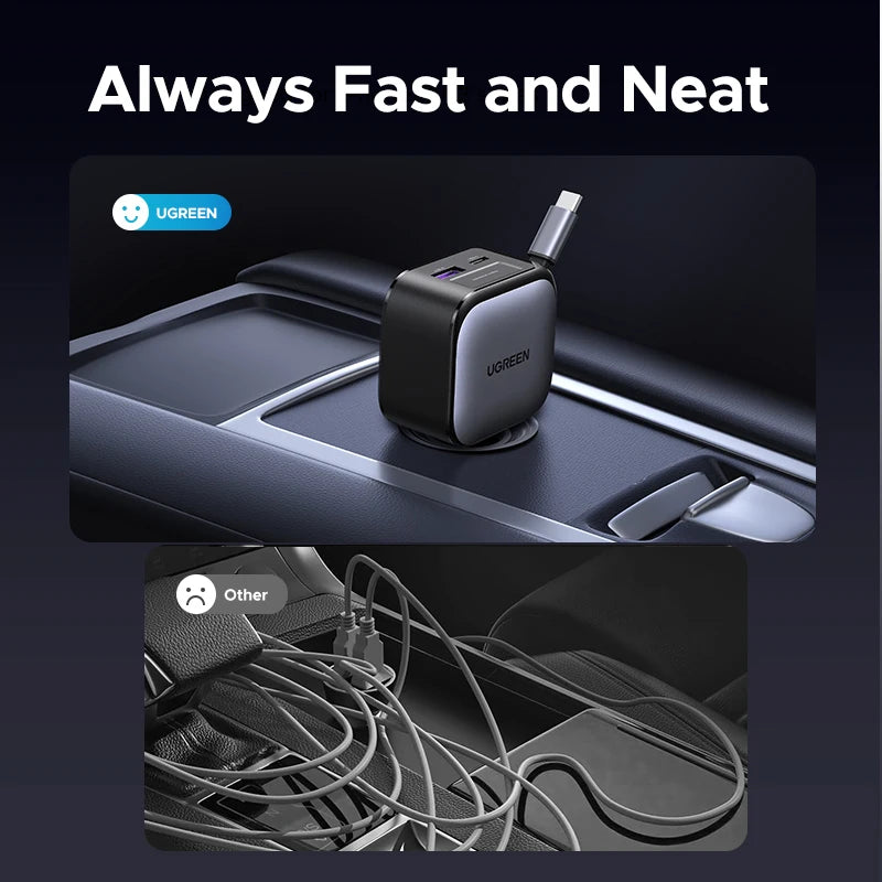 UGREEN USB Type-C Car Charger PD145W 90W 60W Retractable Cable PD SCP AFC PPS Fast Charging For Tablet iPhone Samsung Xiaomi