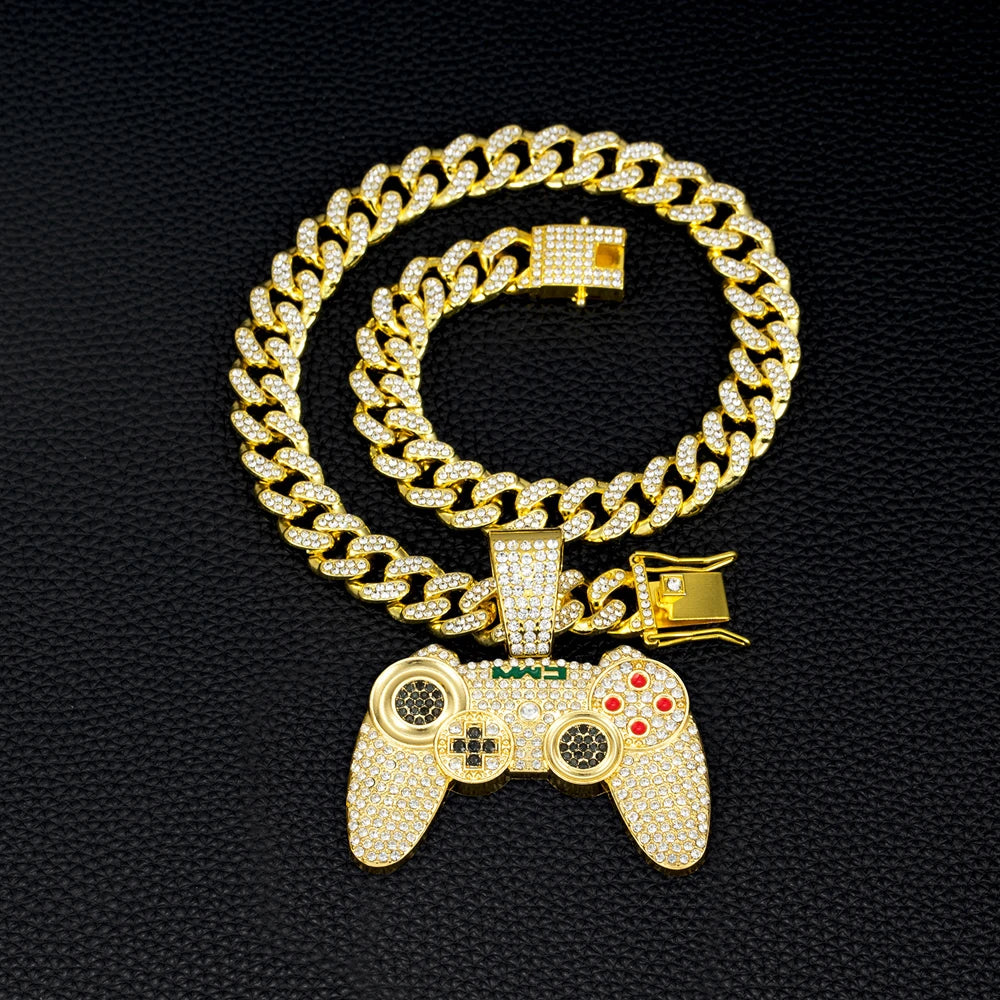 Men Hip Hop Game Machine Pendant Necklace With 13mm Crystal Play Game Controller Cuban Chain Necklace Fashion Cool Jewelry Gifts