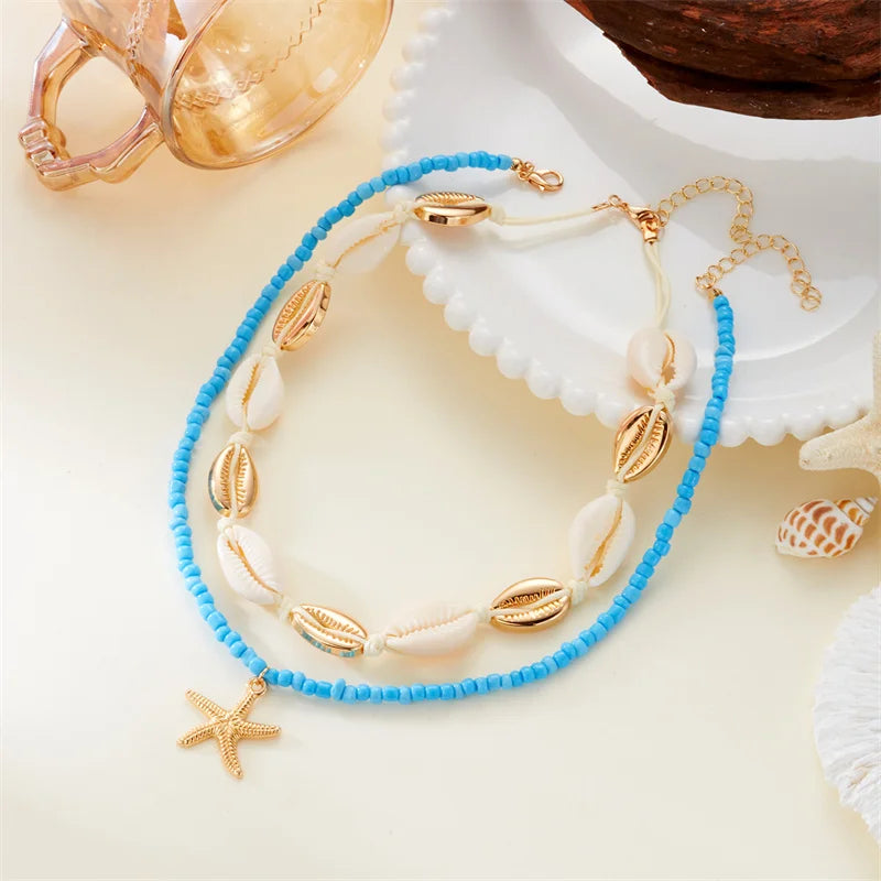 Double Layered Starfish Shell Rice Bead Necklace Women Trendy Summer Beach Sexy Choker Neck Chain Jewelry Vacation Accessories