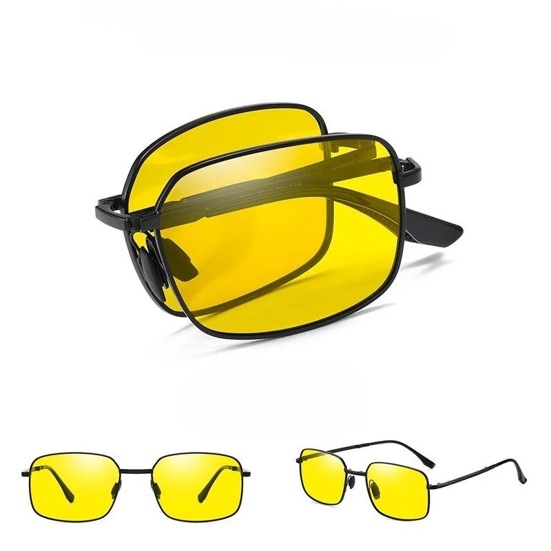 2 Pcs Polarized Folding Sunglasses for Men's Driving Day and Night Dual-purpose Square Driving Color Changing Sunglasses