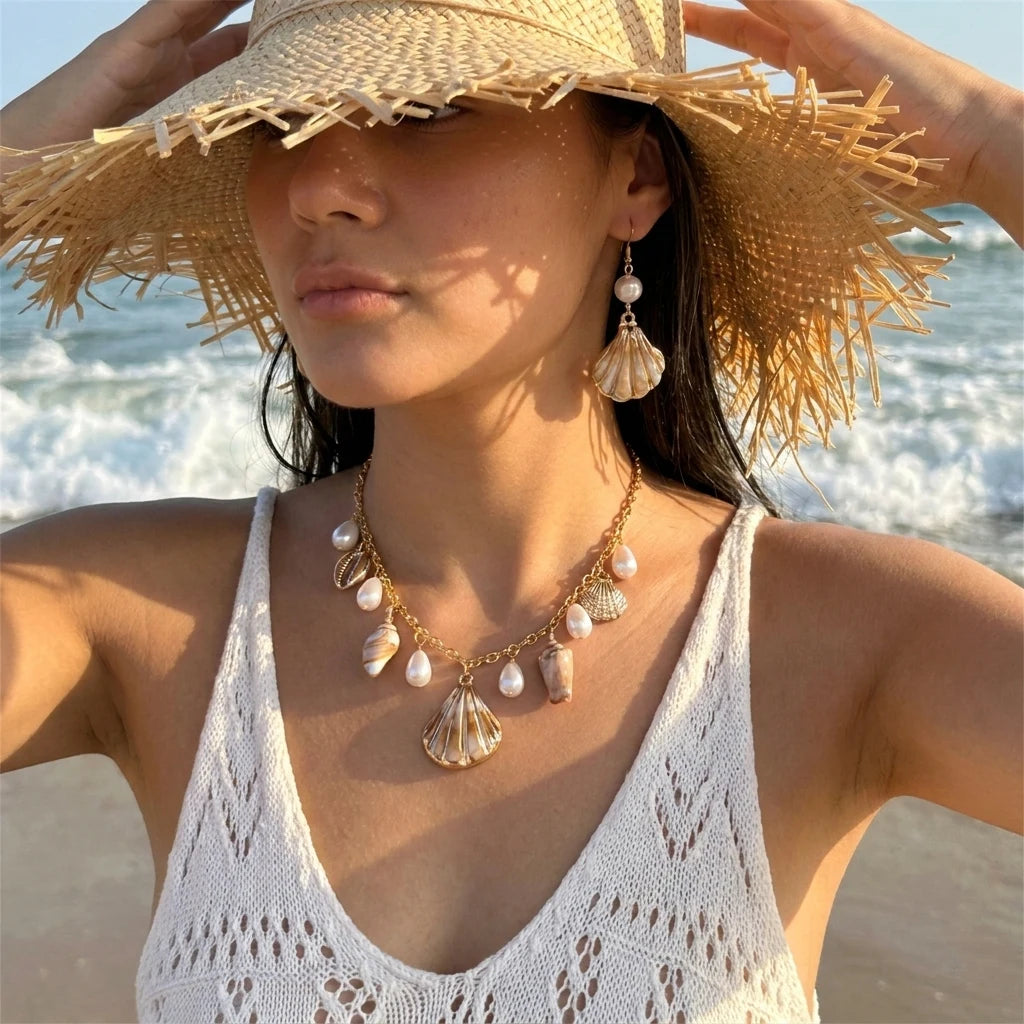 Boho Shell Jewelry Set for Women Faux Pearl Starfish Choker Necklace Conch Dangle Earrings Marine Festival Accessories