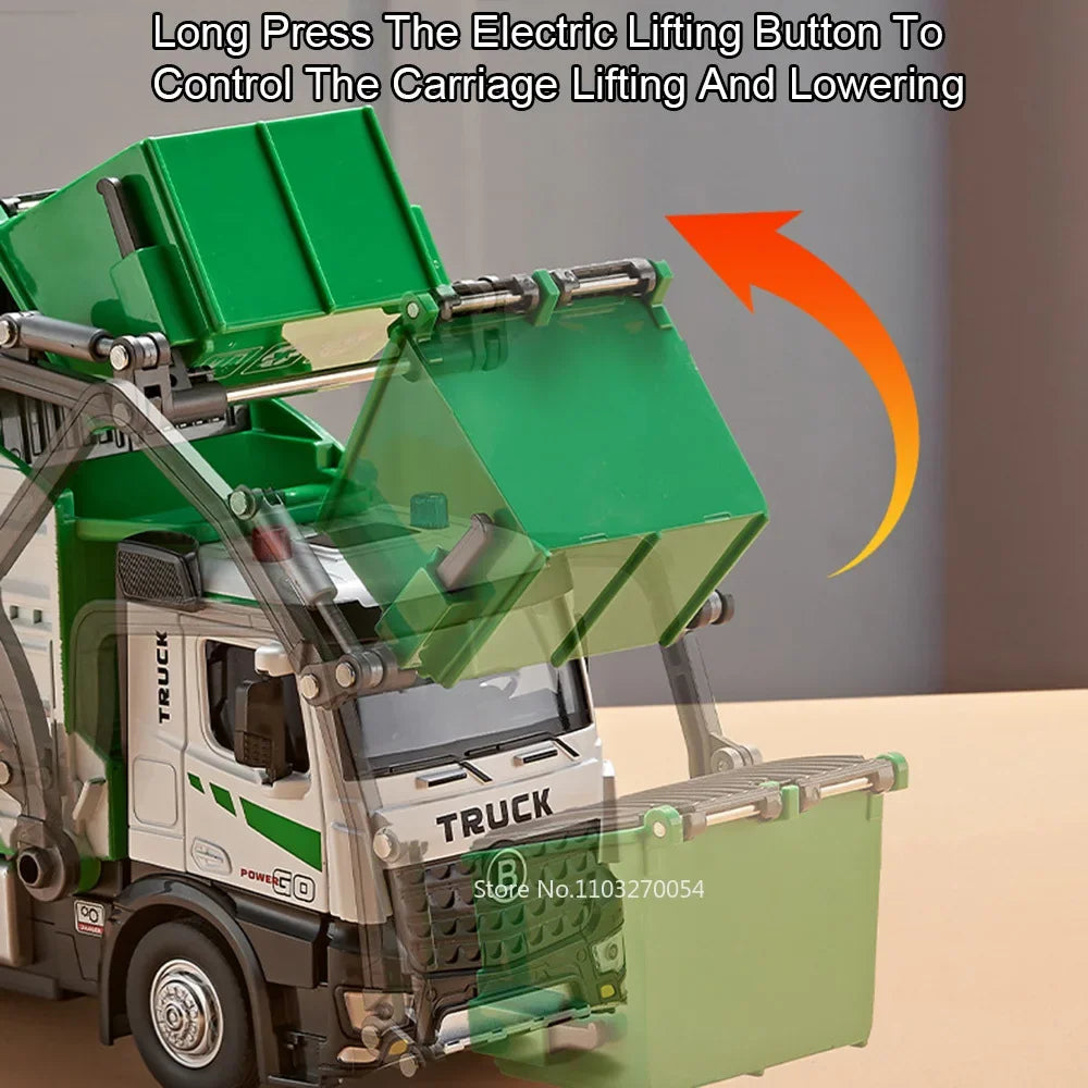 1:18 Alloy Electric City Sanitation Vehicle Hook Truck Toys Car Diecast Model Front End Doors Opened Sound Light Children's Gift
