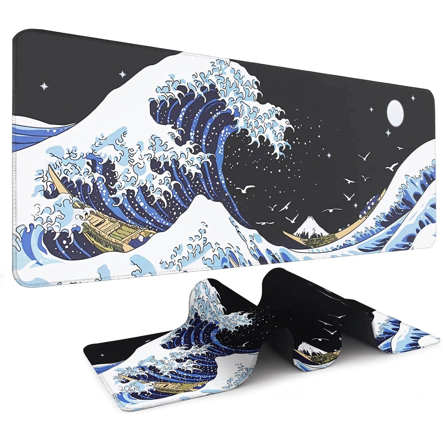 Japanese Sea Wave Large Mouse Pad, Anime Black Gaming, Extended Mat Desk Pad, 3mm Thick Long Non-Slip Rubber Base Mice Pad