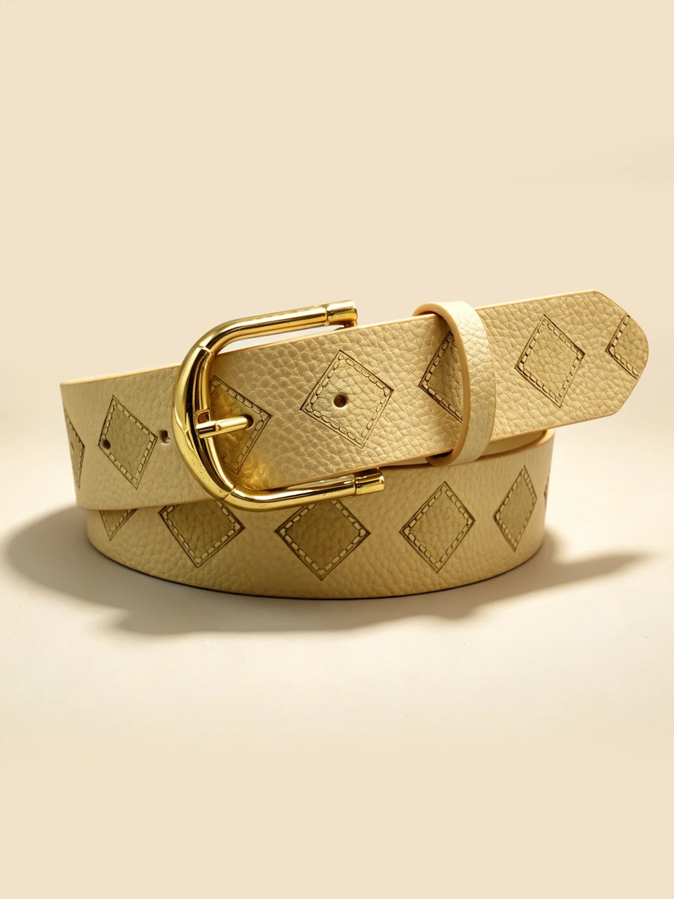 Beige Diamond Embossed Belt, Gold Pin Buckle Minimalist Versatile Women's Casual Waistband