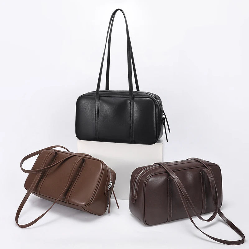 Women's Cow Genuine Leather Shoulder Bags Ladies Fashion Designer Luxury Handbags Female Retro Commute Boston Cowhide Handbag