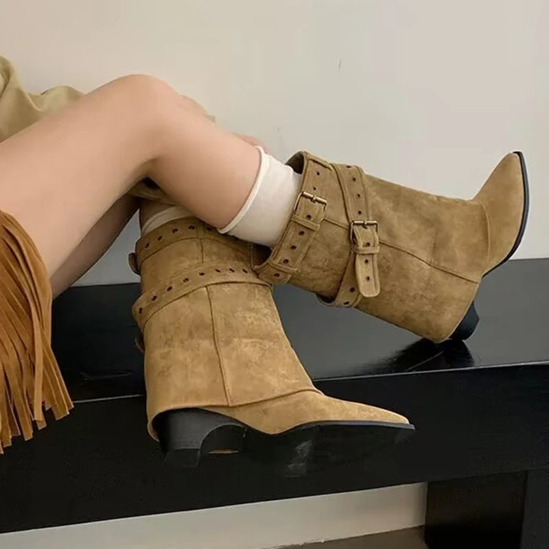 Punk Belt Buckle Pointed Toe Mid Calf Boots Women Fashion Thick Heel Wide Leg Pants Boots Woman Autumn Winter Pu Leather Botas