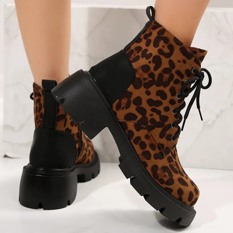 Y2K Leopard Faux Suede Boots for Women Vintage Square Heel Platform Ankle Boots Woman 2025 Autumn Zipper Up Booties Female