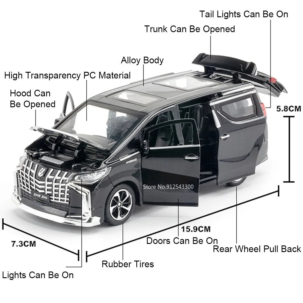 1:32 LAND CRUISER Alphard Toys Models Cars Diecast Alloy Vehicle Rubber Tire 6 Doors Opened Sound Light Pull Back Toy Collection
