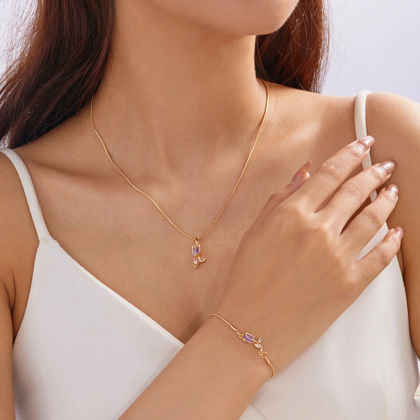 Light Luxury Zircon Tulip Flower Clavicle Chain Necklace for Women Elegant Brass Pendant  Bracelet Fashion Party Jewelry Gift