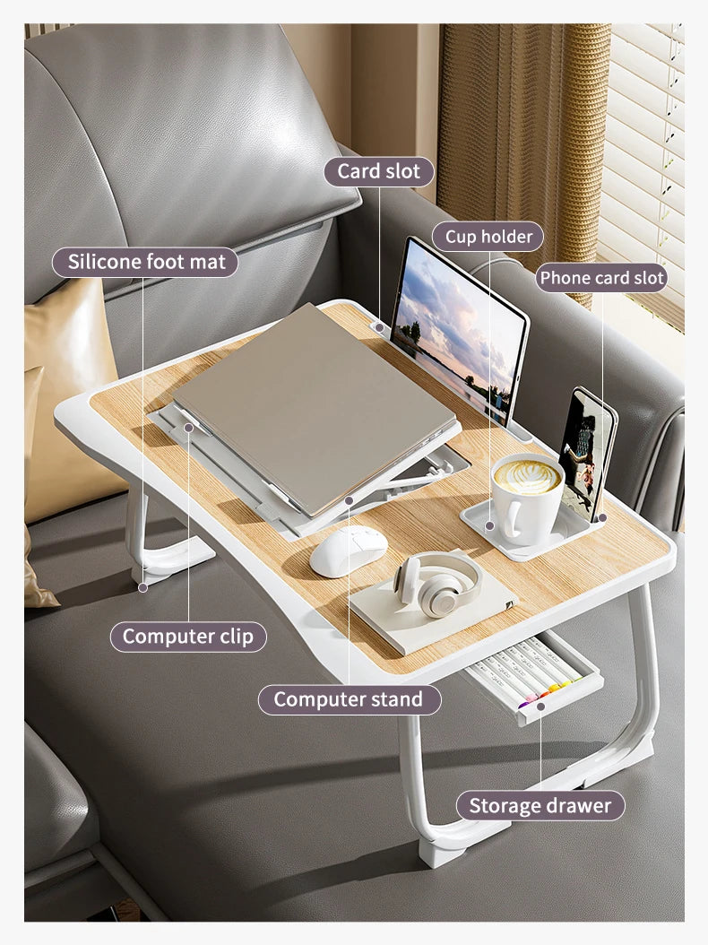 Foldable Laptop Bed Desk, Portable Adjustable Height, Bed Desk w/ Wooden Surface