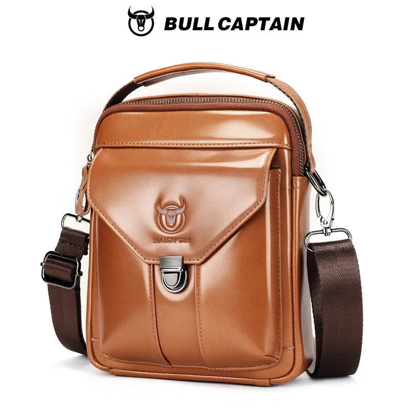 BULLCAPTAIN Men's Genuine Leather Bag Business Casual Shoulder Bag Anti-Theft Lock Fashion Portable Postman Crossbody Bag Brown