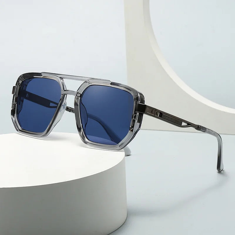 JNPCXI Fashion Double Bridges Square Sunglasses Women Retro Ins Popular Rivets Green Black Men Punk Sun Glasses Shades UV400