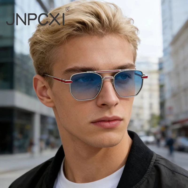 JNPCXI Fashion Pilot Double Bridges Men Sunglasses Silver Blue Gradient Shades UV400 WomenTrending Sun Glasses