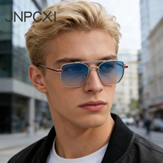JNPCXI Fashion Pilot Double Bridges Men Sunglasses Silver Blue Gradient Shades UV400 WomenTrending Sun Glasses